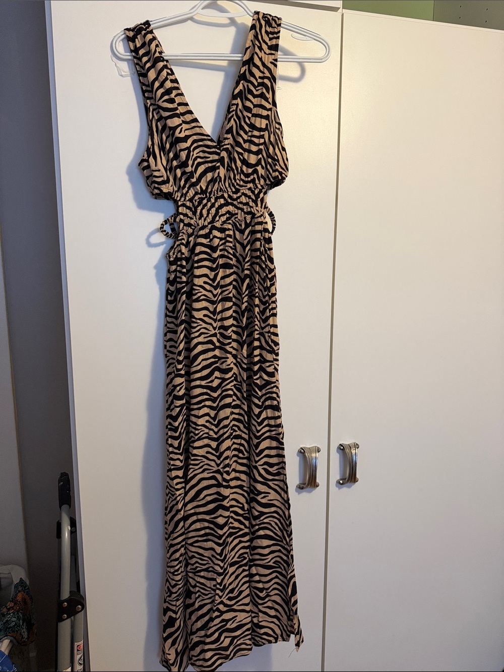 Sleeveless Zebra Print Maxi Dress in Beige and Black
